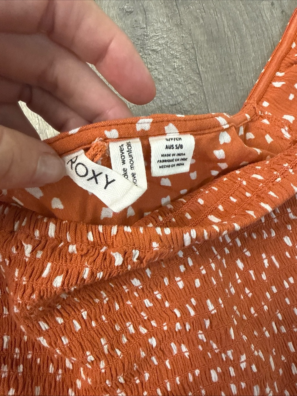 Roxy Rust Orange Dot Smocked Midi Dress - Picture 4 of 5